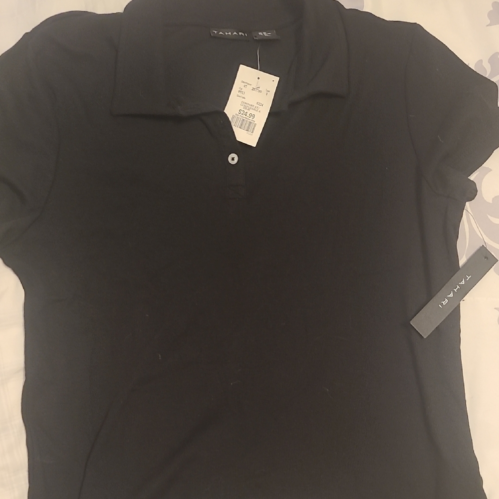 Tahari Black Short Sleeve Polo Top